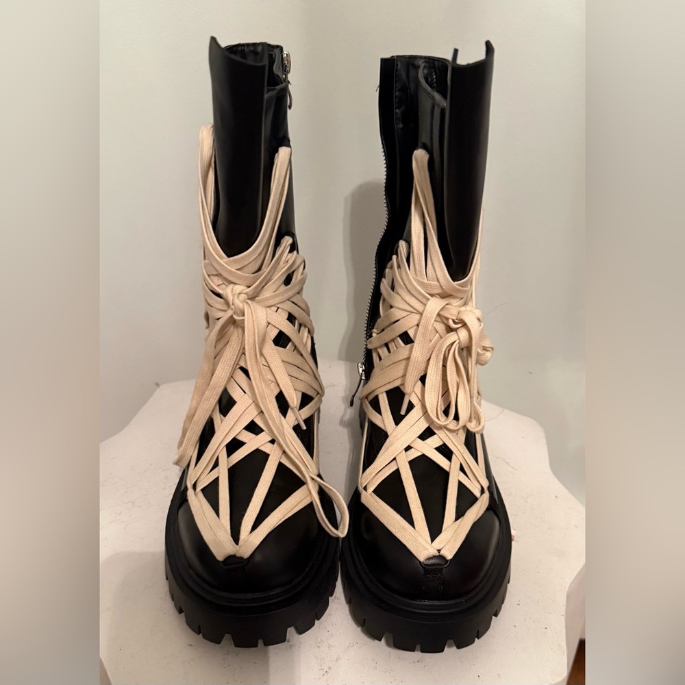 Black Lace-Up Combat Boots with Cream Wrap Laces (recently cobbled)